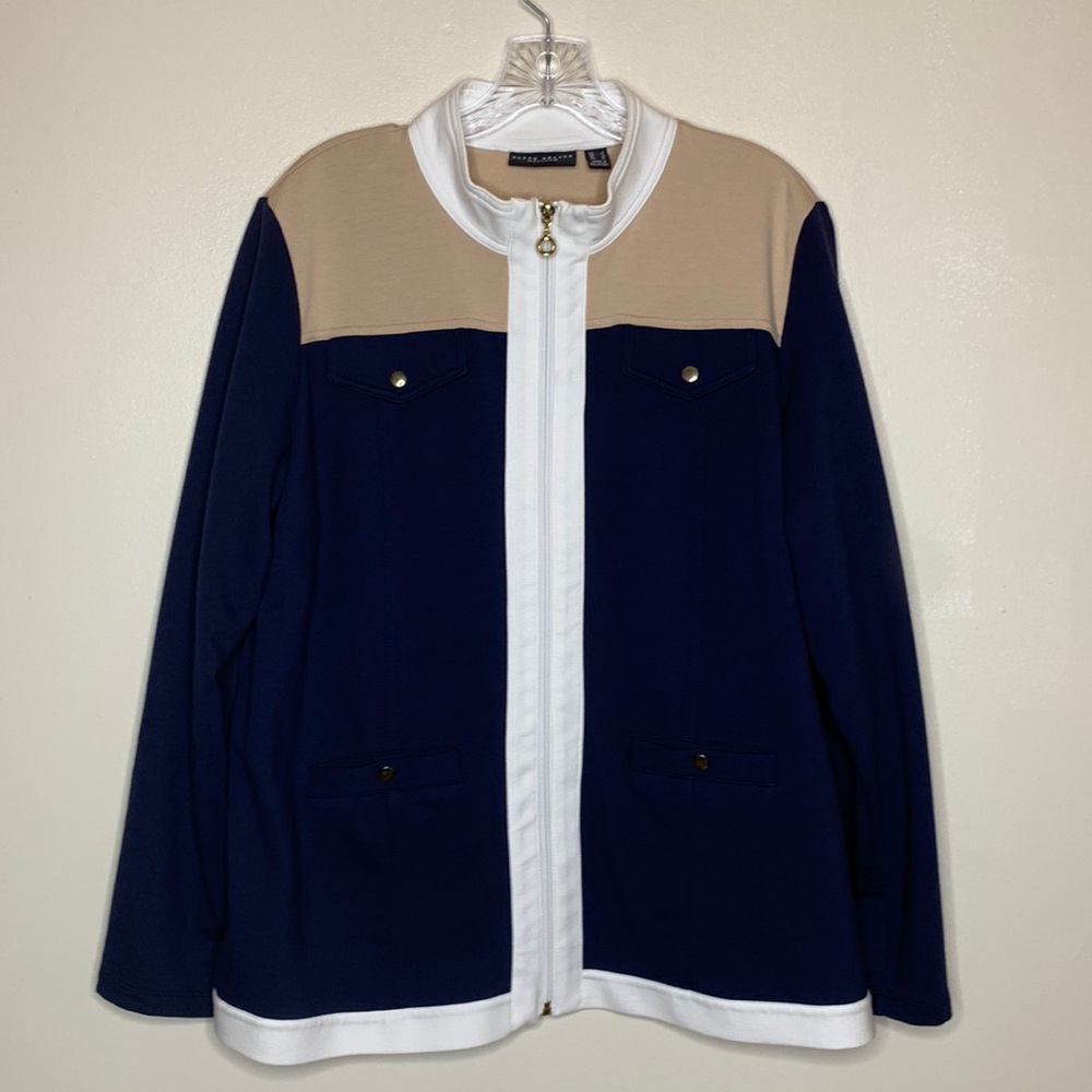 SUSAN GRAVER Zip Jacket French Terry Color Block Blue & Tan Mock Neck A23505  Lg